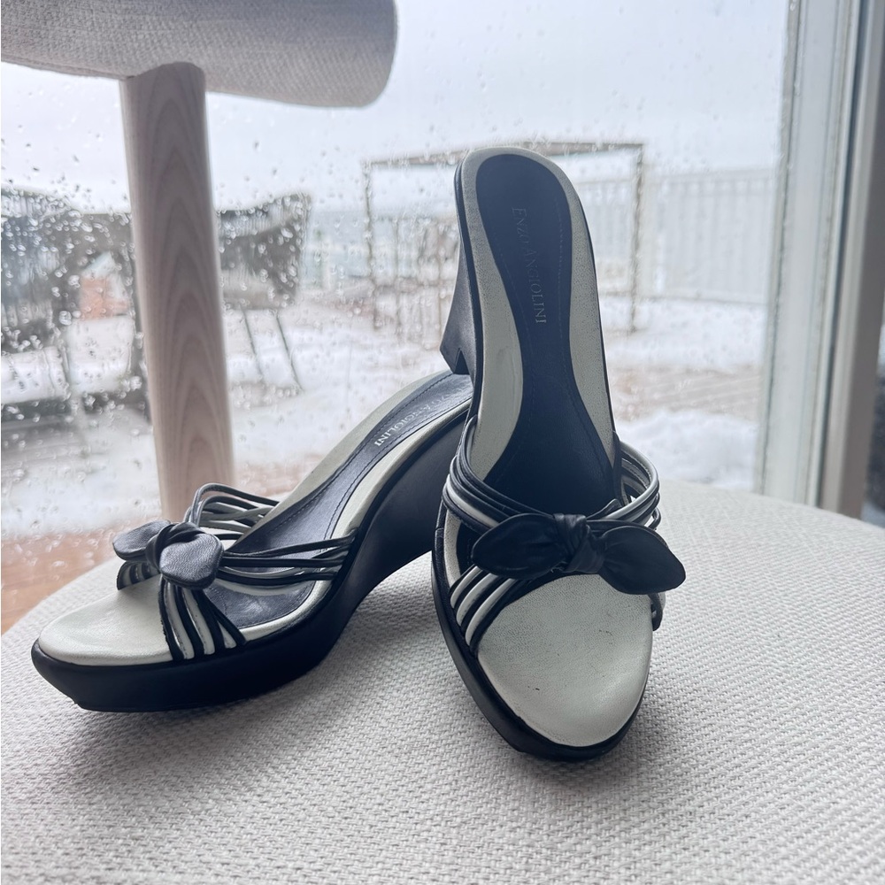 Enzo Angiolini Black White Leather Bow Wedge Sandals Size 7